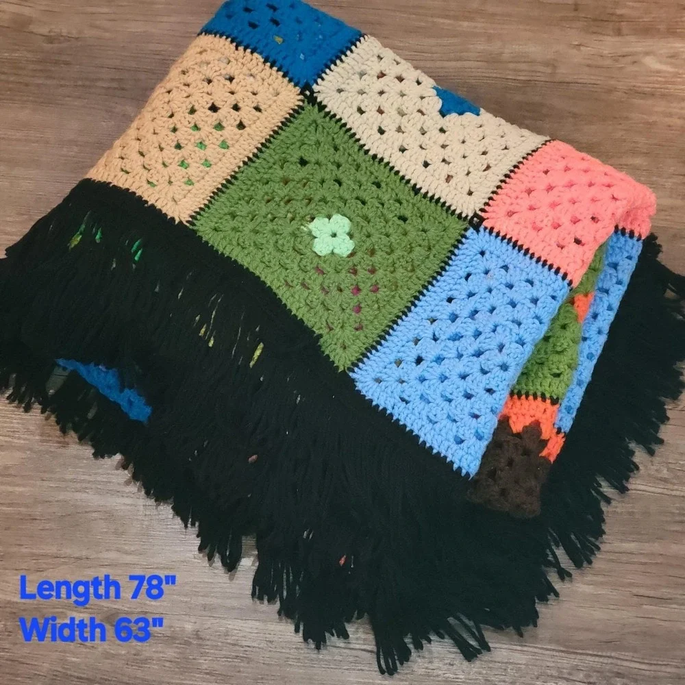 VTG Crochet Blanket Granny Square Fringe Afghan Throw 79x63